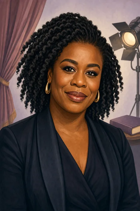 Illustrated head-and-shoulders portrait of Uzo Aduba with subtle theater, television, and writing cues.
