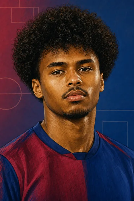 Illustrated head-and-shoulders portrait of Karim Adeyemi in a football setting, with subtle FC Barcelona-inspired cues.