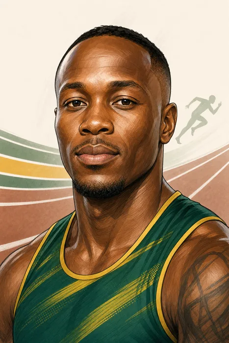 Illustrated head-and-shoulders portrait of Akani Simbine with subtle athletics-track cues.