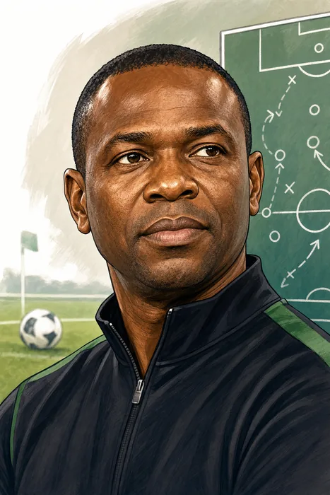 Illustrated head-and-shoulders portrait of Daniel Ogunmodede in an editorial football-coaching setting.