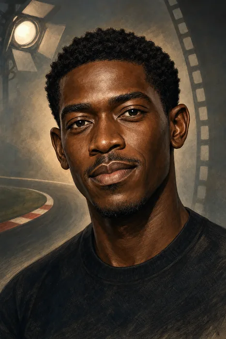 Editorial illustrated head-and-shoulders portrait of actor Damson Idris, with subtle film, stage and motorsport cues.