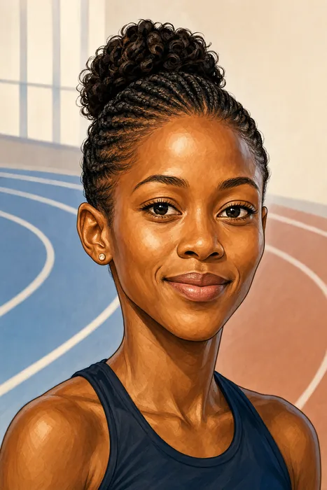 Illustrated head-and-shoulders portrait of Prudence Sekgodiso with subtle 800-metre athletics cues.