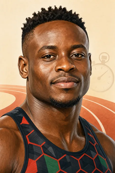 Illustrated head-and-shoulders portrait of Kenyan sprinter Ferdinand Omanyala with subtle athletics cues.