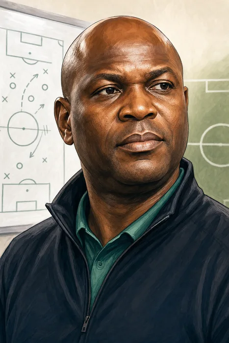 Illustrated head-and-shoulders portrait of Nigerian football coach Fidelis Ilechukwu, with subtle football coaching cues.