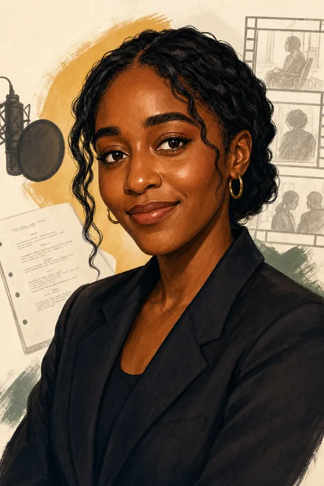 Illustrated head-and-shoulders portrait of Ayo Edebiri with subtle television and writing cues in the background.