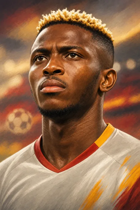 Illustrated head-and-shoulders portrait of Victor Osimhen in football attire, with a subtle stadium backdrop and football cue.
