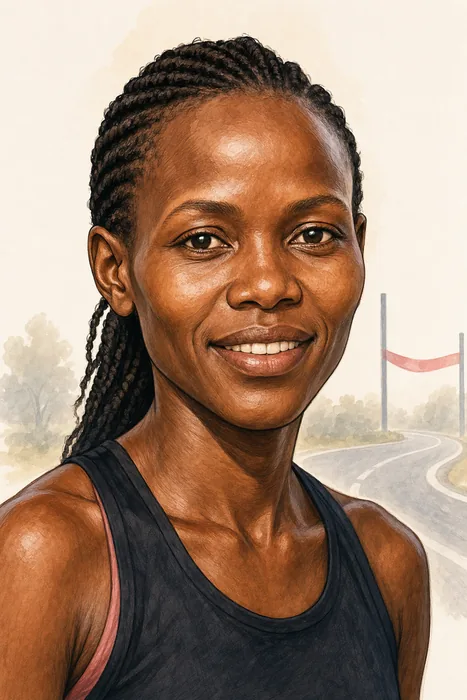 Illustrated head-and-shoulders portrait of Peres Jepchirchir with subtle marathon-running cues.