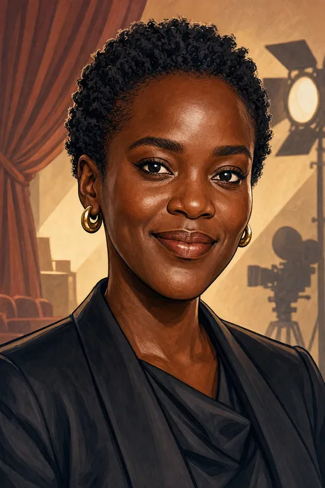 Editorial-style illustrated head-and-shoulders portrait of actor Wunmi Mosaku with subtle theatre and screen-performance cues.