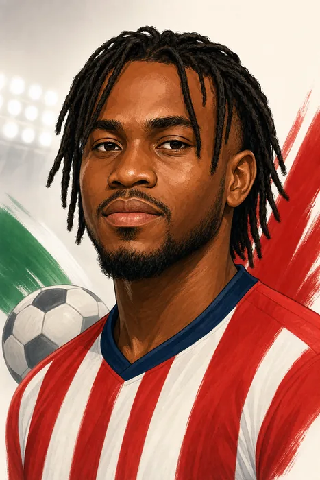 Illustrated head-and-shoulders caricature of footballer Ademola Lookman, with subtle football-themed background details.