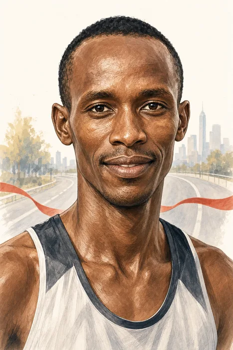Illustrated head-and-shoulders portrait of Kenyan long-distance runner Sabastian Kimaru Sawe, with subtle road-racing cues.
