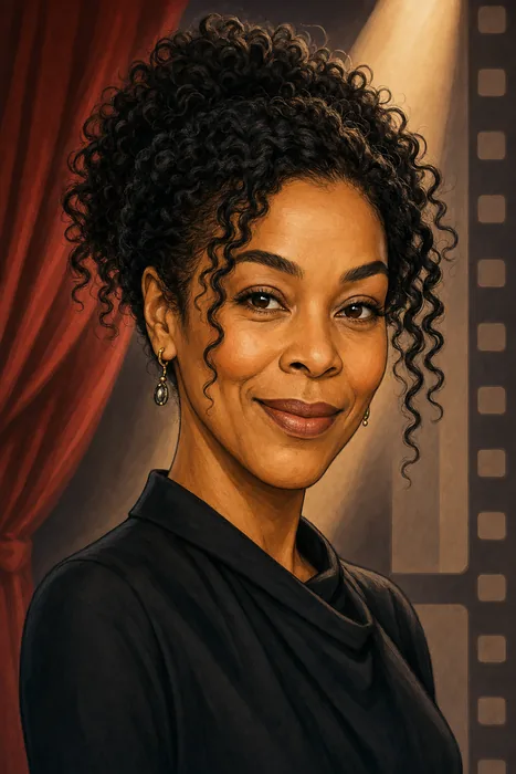 Illustrated head-and-shoulders portrait of Sophie Okonedo with subtle theatre and screen-performance cues.