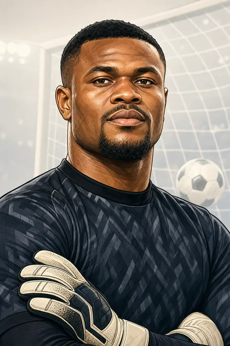 Illustrated head-and-shoulders portrait of Stanley Bobo Nwabali in goalkeeper attire, with subtle football cues.