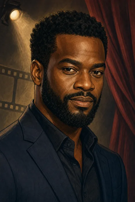 Editorial-style illustrated head-and-shoulders portrait of actor Ṣọpẹ́ Dìrísù with subtle theatre and screen performance cues.