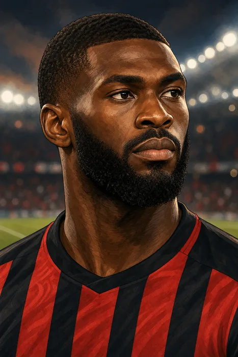 Illustrated head-and-shoulders portrait of footballer Fikayo Tomori in an AC Milan-inspired red-and-black kit, with a subtle football-stadium background.