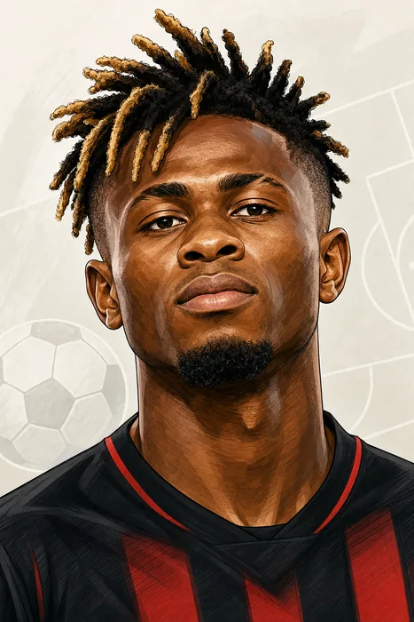 Illustrated head-and-shoulders portrait of Samuel Chukwueze in football attire, with subtle football-themed background elements.