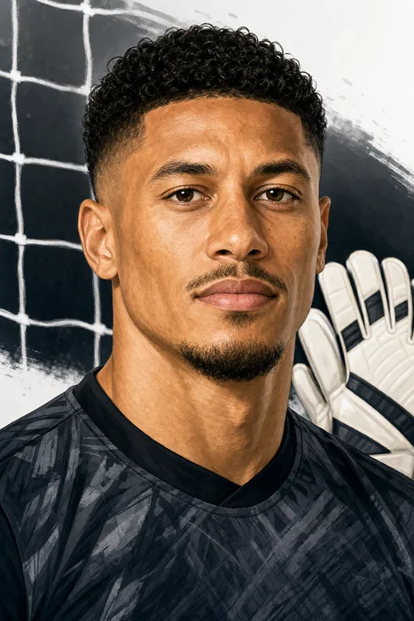 Illustrated head-and-shoulders portrait of goalkeeper Maduka Okoye, with subtle football goalkeeping cues.
