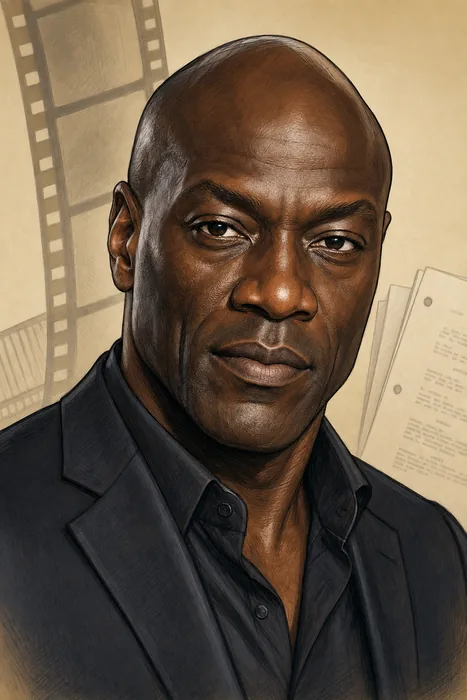 Illustrated head-and-shoulders portrait of Adewale Akinnuoye-Agbaje with subtle filmmaking cues.