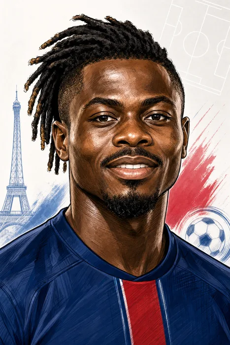 Illustrated head-and-shoulders portrait of Moses Simon in football attire, with subtle football and Paris-inspired background cues.