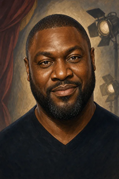 Illustrated head-and-shoulders portrait of actor Nonso Anozie with subtle theatre and screen-performance cues.