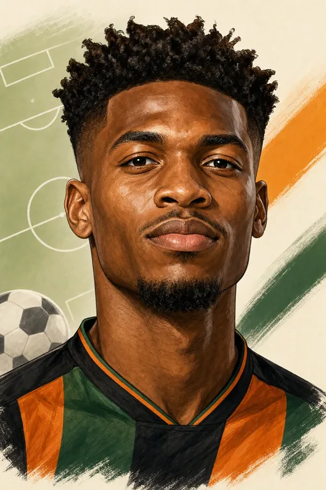 Illustrated head-and-shoulders portrait of Nigerian football forward Akor Jerome Adams with subtle football cues.