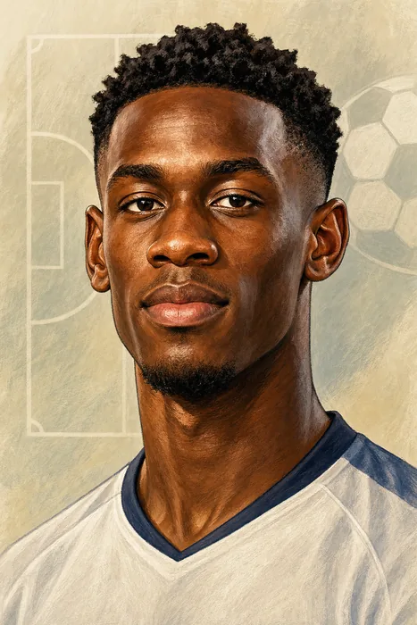 Illustrated head-and-shoulders portrait of Folarin Balogun in a soccer forward’s kit, with a subtle football-themed background.