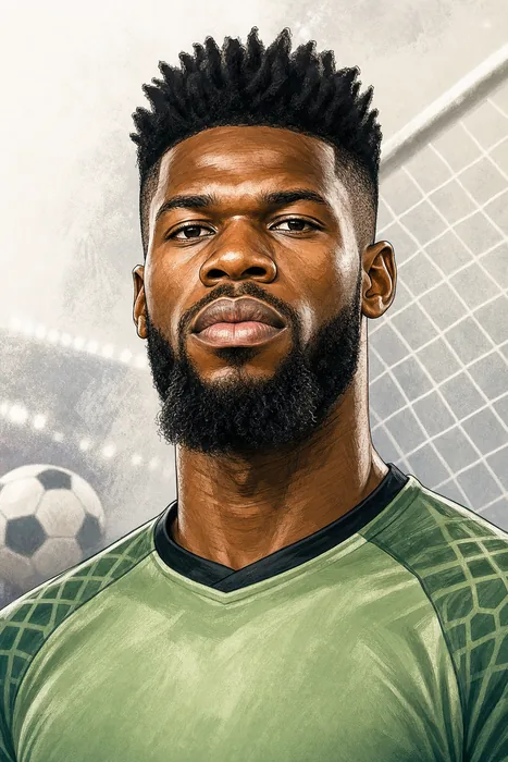 Illustrated head-and-shoulders portrait of Francis Uzoho in goalkeeper attire, with subtle football cues.