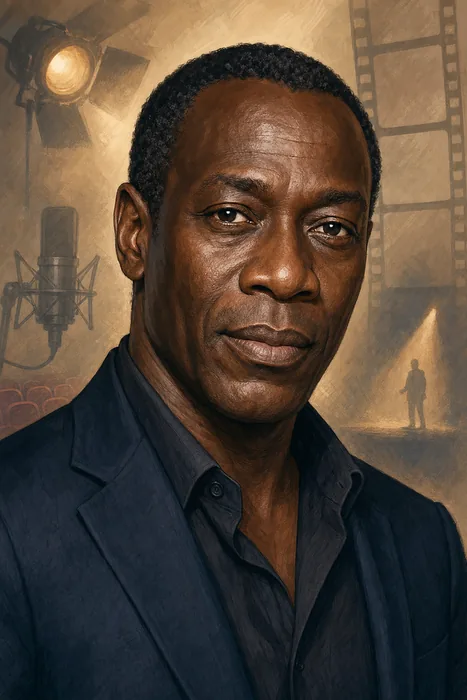 Illustrated head-and-shoulders portrait of Hakeem Kae-Kazim with understated film, theatre and voice-performance cues.