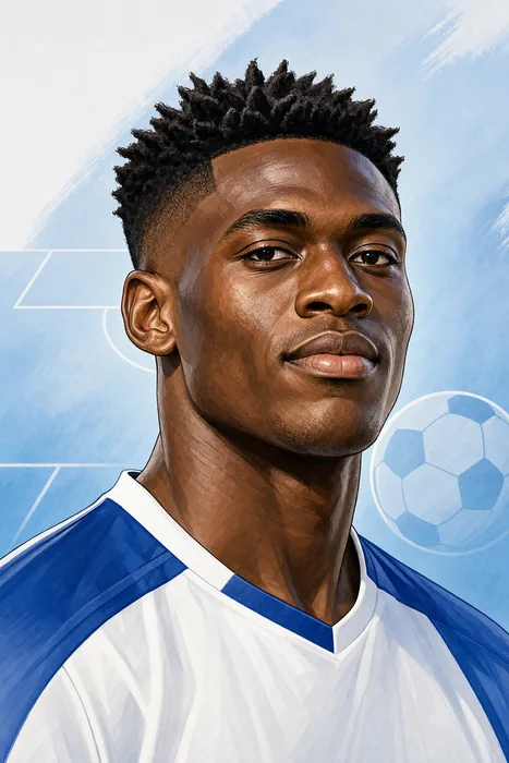Illustrated head-and-shoulders portrait of Spanish footballer Samu Aghehowa, with subtle football-themed background details.