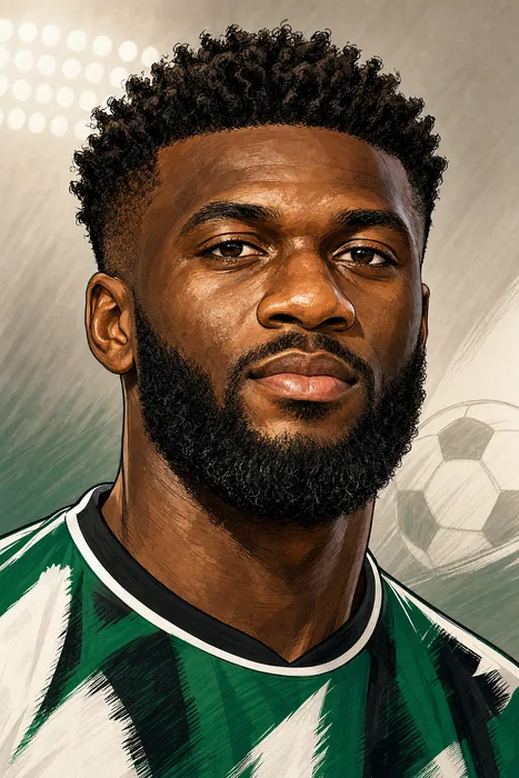 Illustrated head-and-shoulders portrait of footballer Terem Moffi with subtle football-themed background cues.