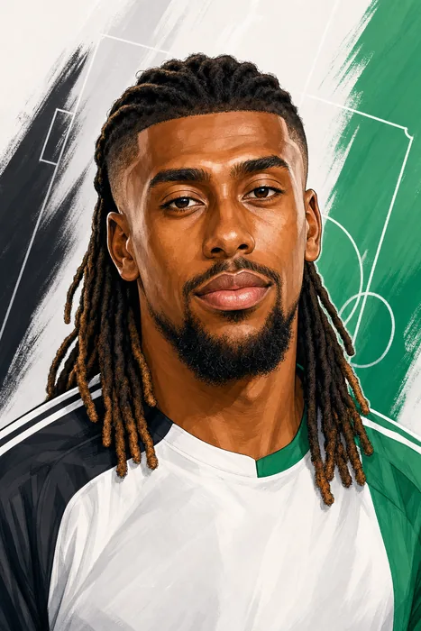 Illustrated head-and-shoulders portrait of Alex Iwobi in a football setting, with subtle Fulham and Nigeria-inspired color cues.