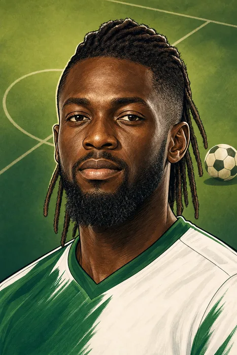 Illustrated head-and-shoulders portrait of Nigerian footballer Tolu Arokodare, with subtle football-themed background cues.