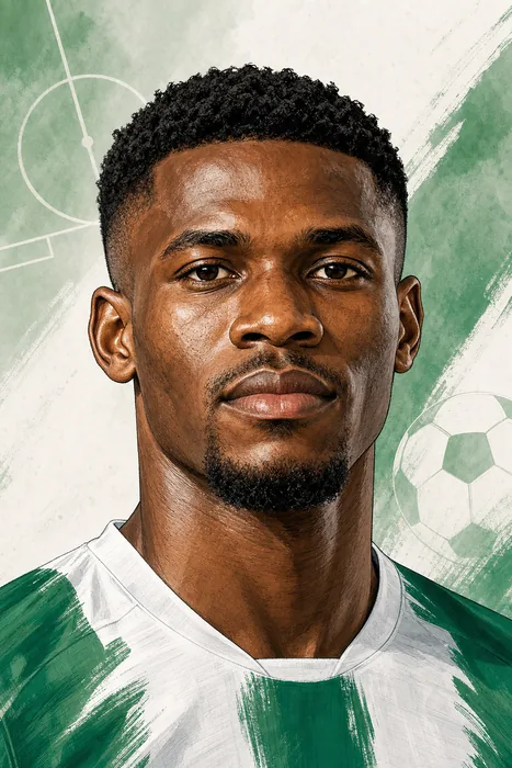 Illustrated head-and-shoulders portrait of Nigerian footballer Frank Onyeka with subtle football-themed background details.