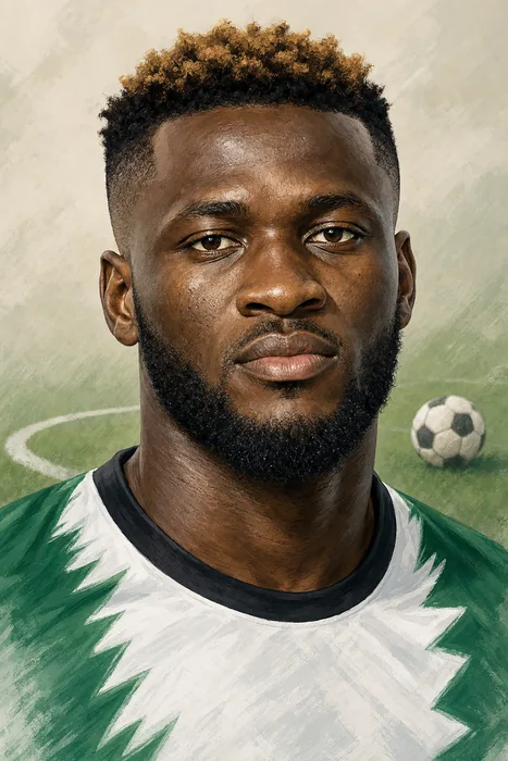 Illustrated head-and-shoulders portrait of Victor Boniface in a football setting, with subtle striker-themed cues.