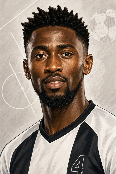 Editorial illustrated head-and-shoulders portrait of Nigerian footballer Onyinye Wilfred Ndidi in a Beşiktaş-style black-and-white football shirt.