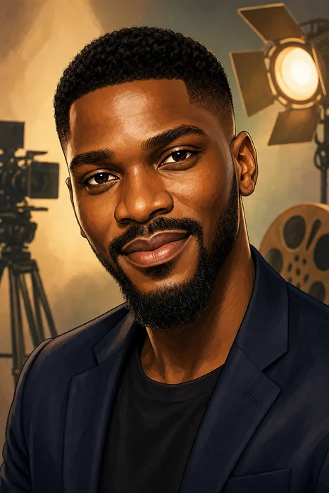 Editorial illustrated head-and-shoulders portrait of Nigerian actor and television personality Tobi Bakre, with subtle film and television cues.