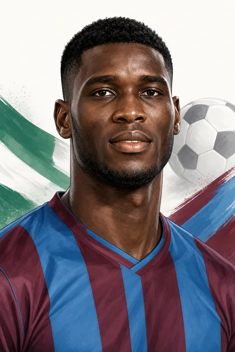 Illustrated head-and-shoulders portrait of Paul Onuachu in football attire, with subtle Nigerian and Trabzonspor-related cues.