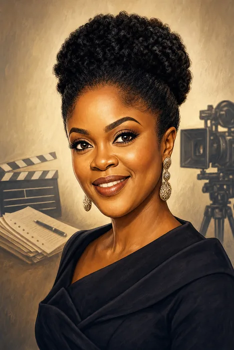 Illustrated head-and-shoulders portrait of Omoni Oboli with subtle filmmaking cues.