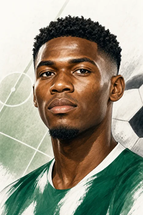 Illustrated head-and-shoulders portrait of Nigerian football midfielder Raphael Onyedika in a football setting.
