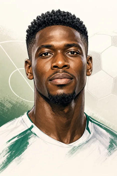 Illustrated head-and-shoulders portrait of footballer Rafiu Durosinmi with subtle football-themed background details.