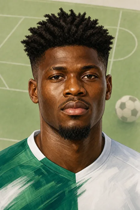 Illustrated head-and-shoulders portrait of Oluwafisayo Faruq Dele-Bashiru, a Nigerian professional football midfielder.