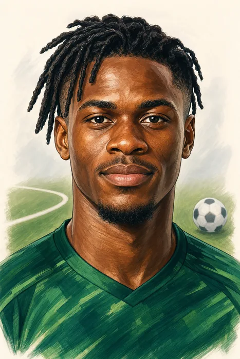 Illustrated head-and-shoulders portrait of Nigerian footballer Philip Porwei Otele, with subtle football-themed background cues.