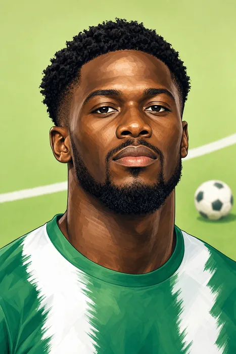 Illustrated head-and-shoulders portrait of Nigerian football midfielder Tochukwu Nnadi, with subtle football-themed background cues.