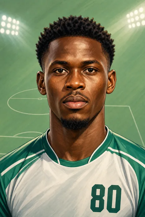 Illustrated head-and-shoulders portrait of Alhassan Yusuf in a football kit, with subtle midfield and stadium cues.