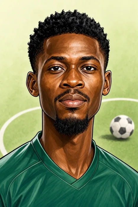 Illustrated head-and-shoulders portrait of Nigerian football midfielder Ebenezer Akinsanmiro, with subtle football imagery in the background.