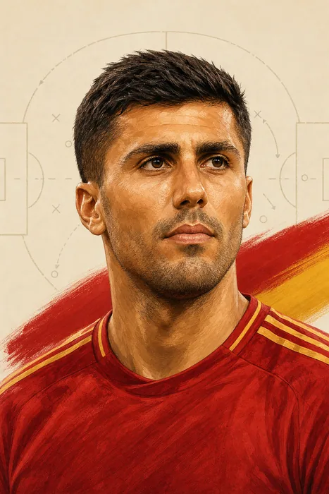 Illustrated head-and-shoulders portrait of Rodri in a Spanish football context, with a subtle midfield tactical graphic in the background.