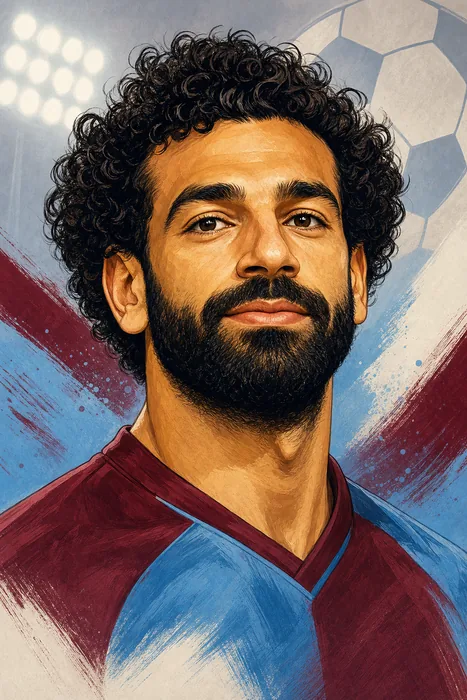 Editorial-style illustrated head-and-shoulders portrait of Egyptian footballer Mohamed Salah, with subtle football imagery in the background.