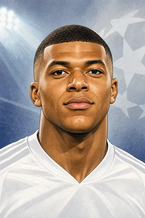Illustrated head-and-shoulders portrait of Kylian Mbappé with subtle football-themed background cues.