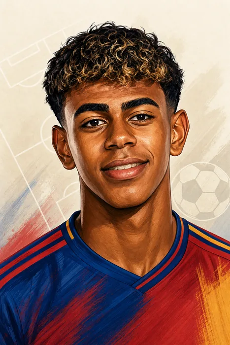 Illustrated head-and-shoulders portrait of Lamine Yamal in a football kit, with subtle football-themed background details.