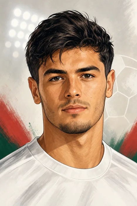 Illustrated head-and-shoulders portrait of footballer Brahim Díaz in a neutral football setting.