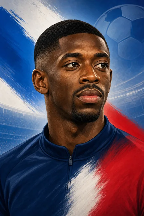 Illustrated head-and-shoulders portrait of Ousmane Dembélé in a football setting, with subtle France and Paris Saint-Germain color cues.